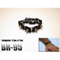 Br-095, Bracelet cuir noir pic métal (spike)